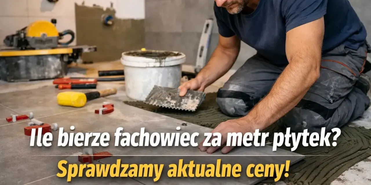 Fachowiec układa płytki, sprawdzamy, ile kosztuje kładzenie płytek za metr. Narzędzia i materiały budowlane w tle.