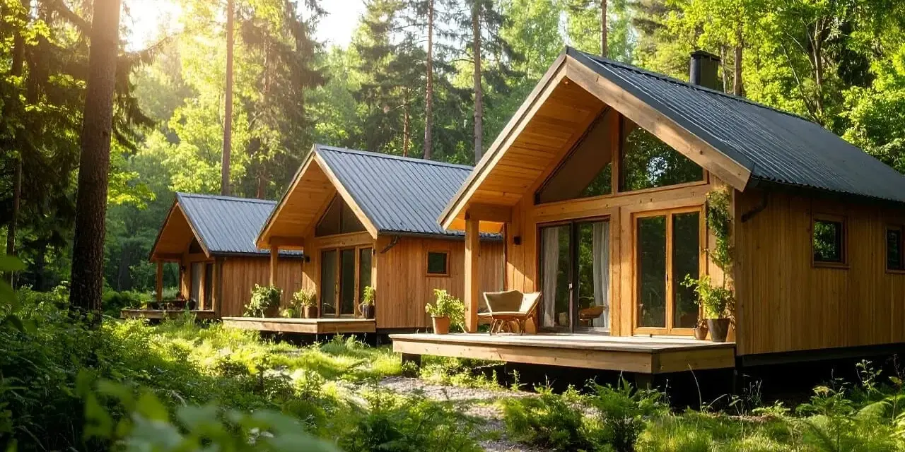 Nowe domki letniskowe gotowe, otoczone zielenią lasu. Słońce przebija się przez drzewa, tworząc magiczną atmosferę.