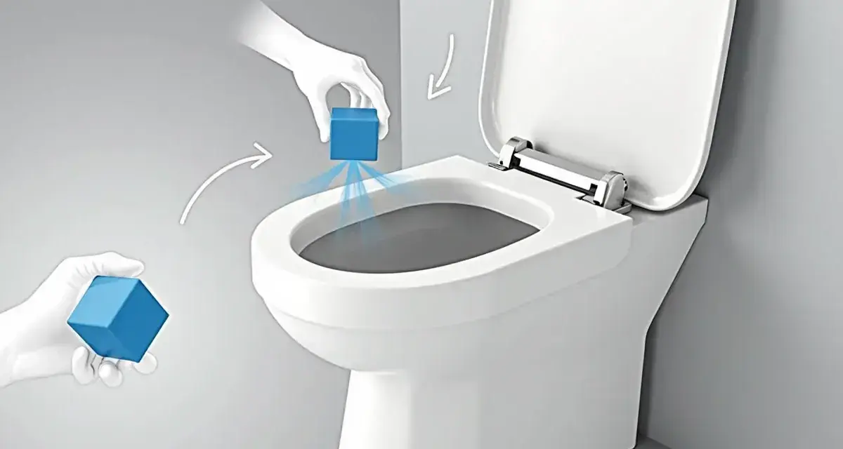 Ręce w rękawiczkach umieszczają kostkę czyszczącą w toalecie. Idealne wc na działkę projekt.