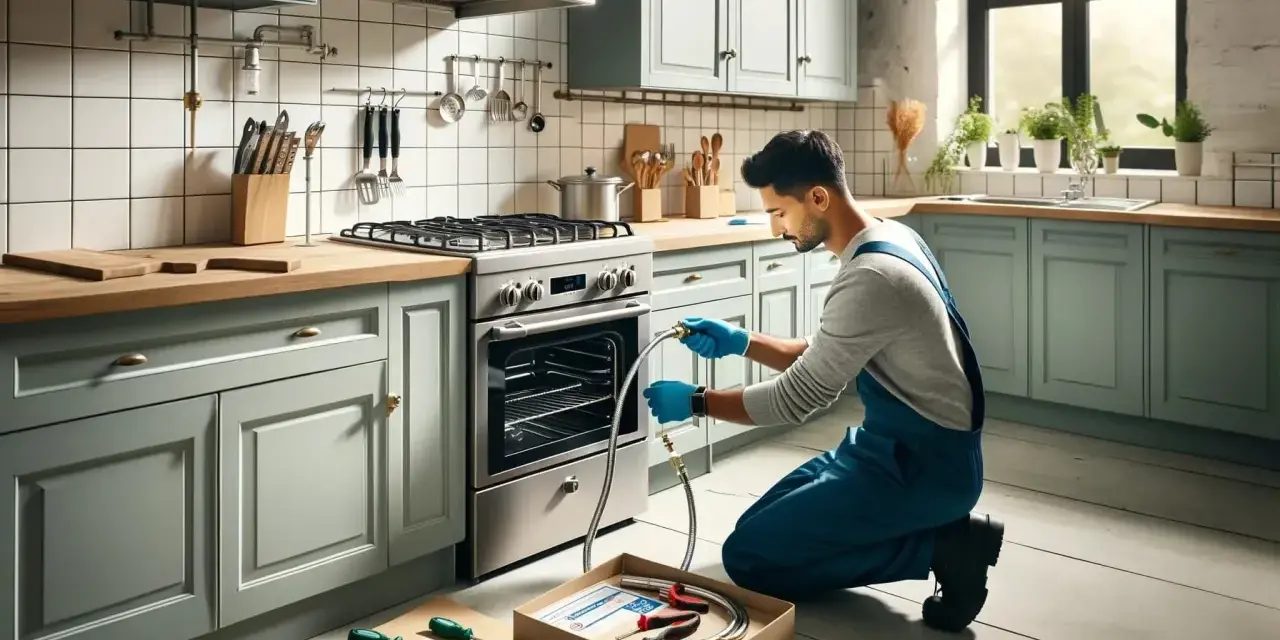 Instalator w niebieskim kombinezonie pokazuje, jak podłączyć kuchenkę gazową, trzymając w rękach wąż i złączki.