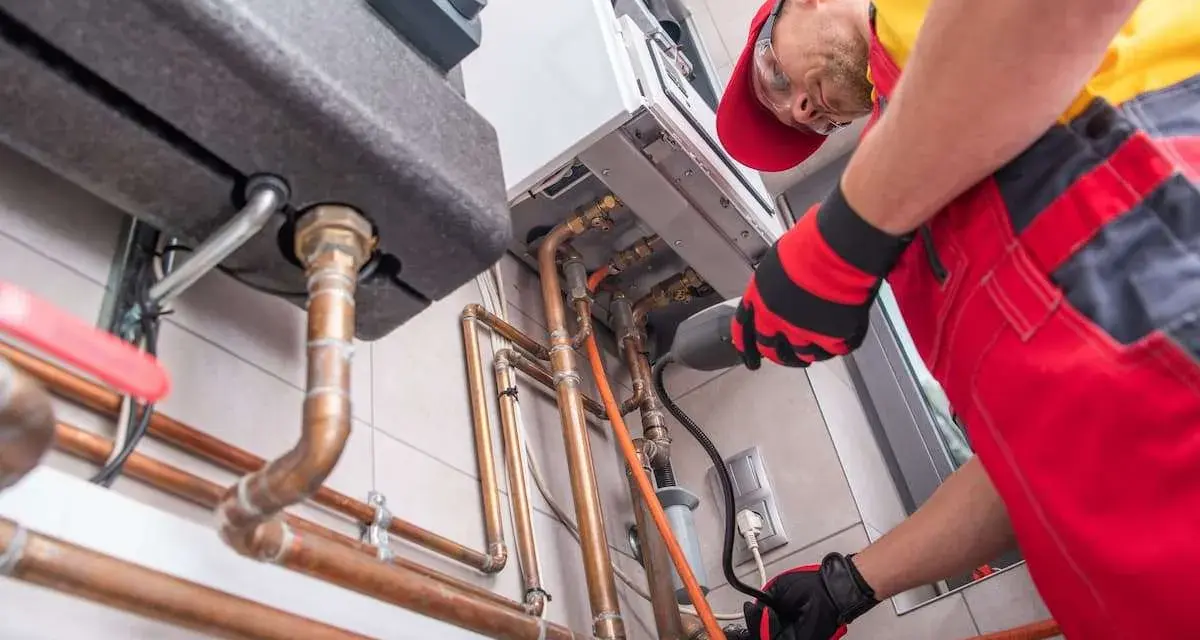 Instalator pracuje przy kotle gazowym, przygotowując go do zmiany właściciela. Dowiedz się, jak przepisać gaz na nowego właściciela PGNiG.