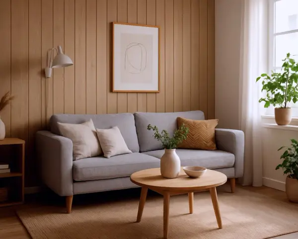 Nowoczesny salon z szarą kanapą, drewnianymi panelami ściennymi i okrągłym stolikiem. Inspiracja, jak odnowić stare panele ścienne.