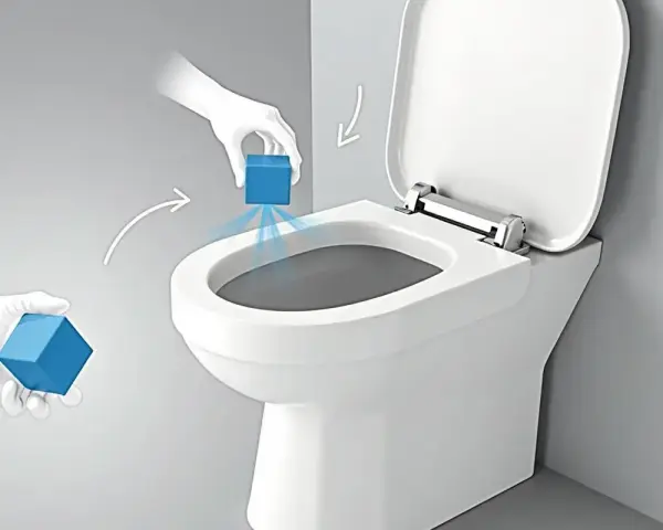 Ręce w rękawiczkach umieszczają kostkę czyszczącą w toalecie. Idealne wc na działkę projekt.