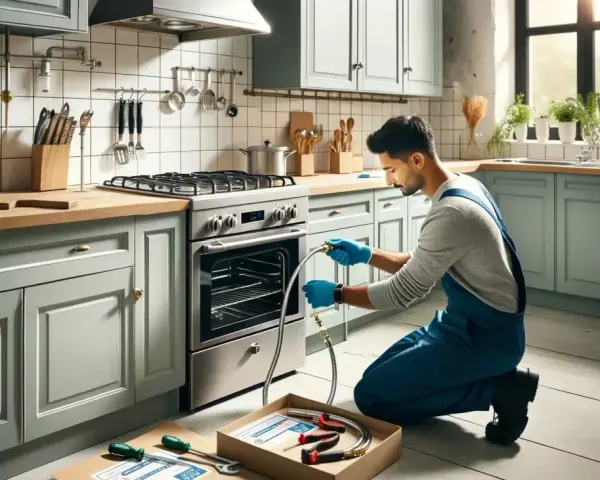 Instalator w niebieskim kombinezonie pokazuje, jak podłączyć kuchenkę gazową, trzymając w rękach wąż i złączki.