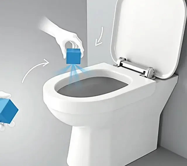 Ręce w rękawiczkach umieszczają kostkę czyszczącą w toalecie. Idealne wc na działkę projekt.