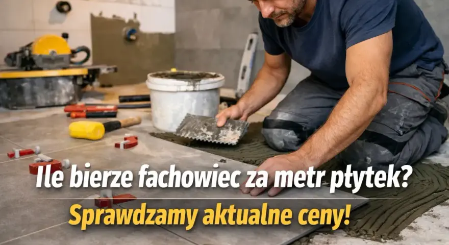 Fachowiec układa płytki, sprawdzamy, ile kosztuje kładzenie płytek za metr. Narzędzia i materiały budowlane w tle.