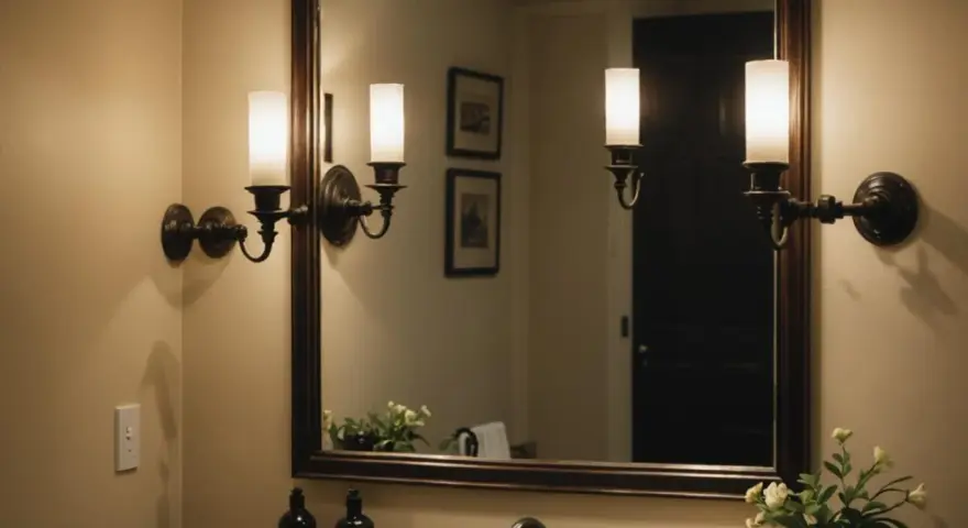Eleganckie kinkiety z mlecznymi kloszami zamontowane są nad lustrem, tworząc przytulną atmosferę.