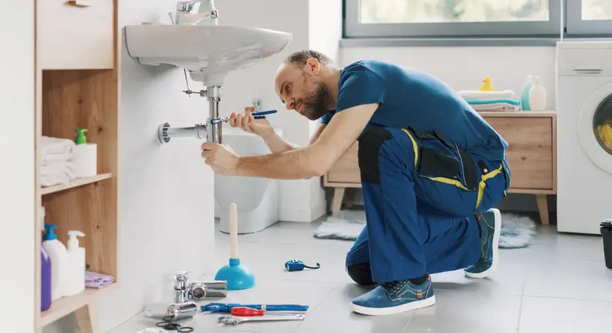 Instalator klęczy przy umywalce, pokazując, jak wymienić kran. Narzędzia i części są rozłożone na podłodze.