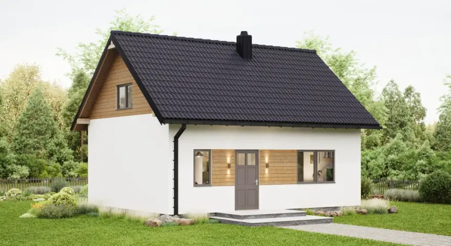 Gotowe domki na działkę ROD. Biały domek z drewnianymi elementami, czarnym dachem i kominem, otoczony zielenią.