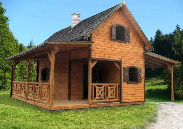 Drewniany domek letniskowy z werandą i zadaszeniem. Solidny jaki fundament pod domek letniskowy drewniany zapewnia stabilność.
